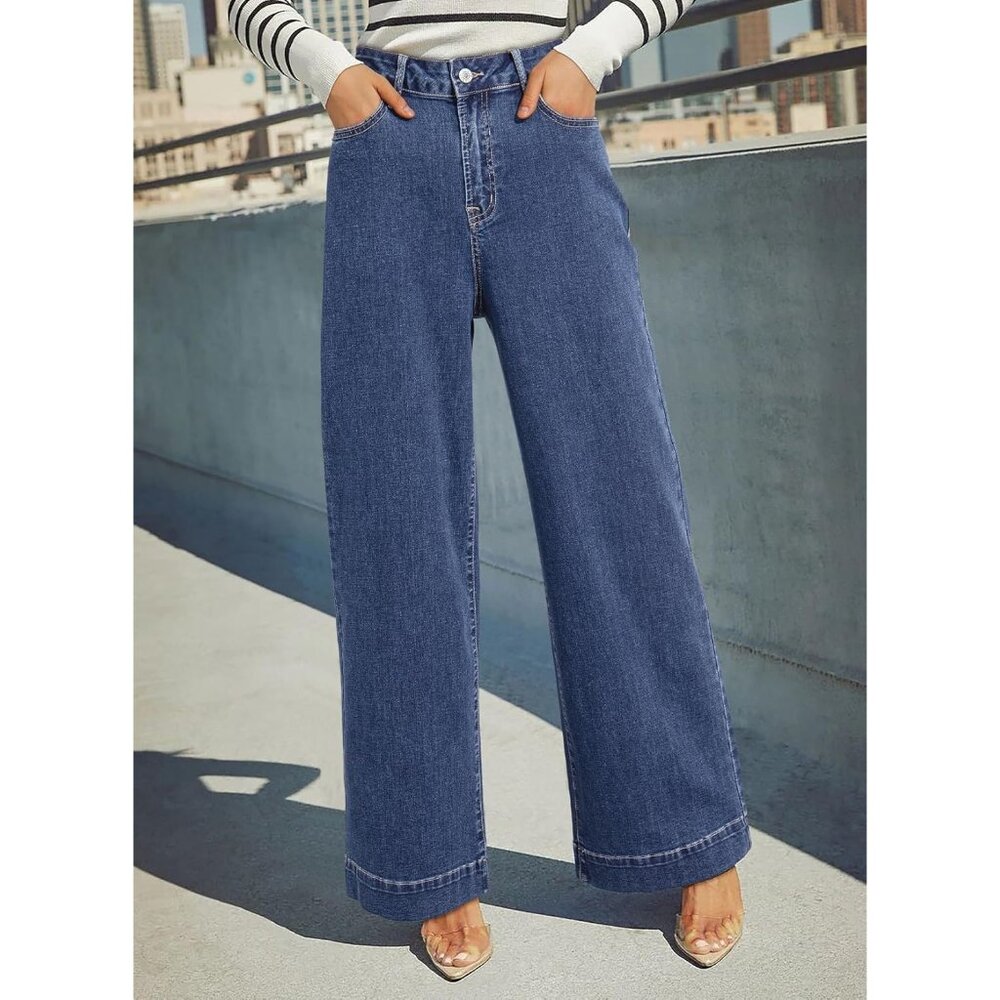 Women's Sky Blue Waisted Wide Leg Denim Jeans Stretchy Loose Pants with Pocket - Picture 3 of 6